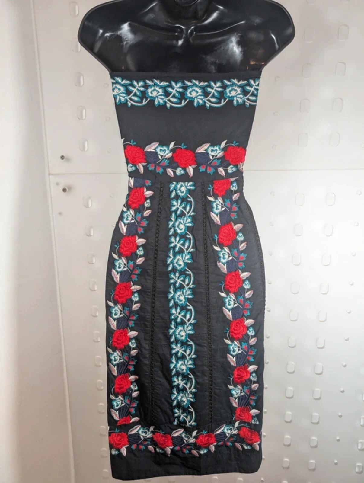 Monsoon Rose Embroidered Dress Black Red UK10