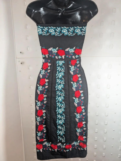Monsoon Rose Embroidered Dress Black Red UK10