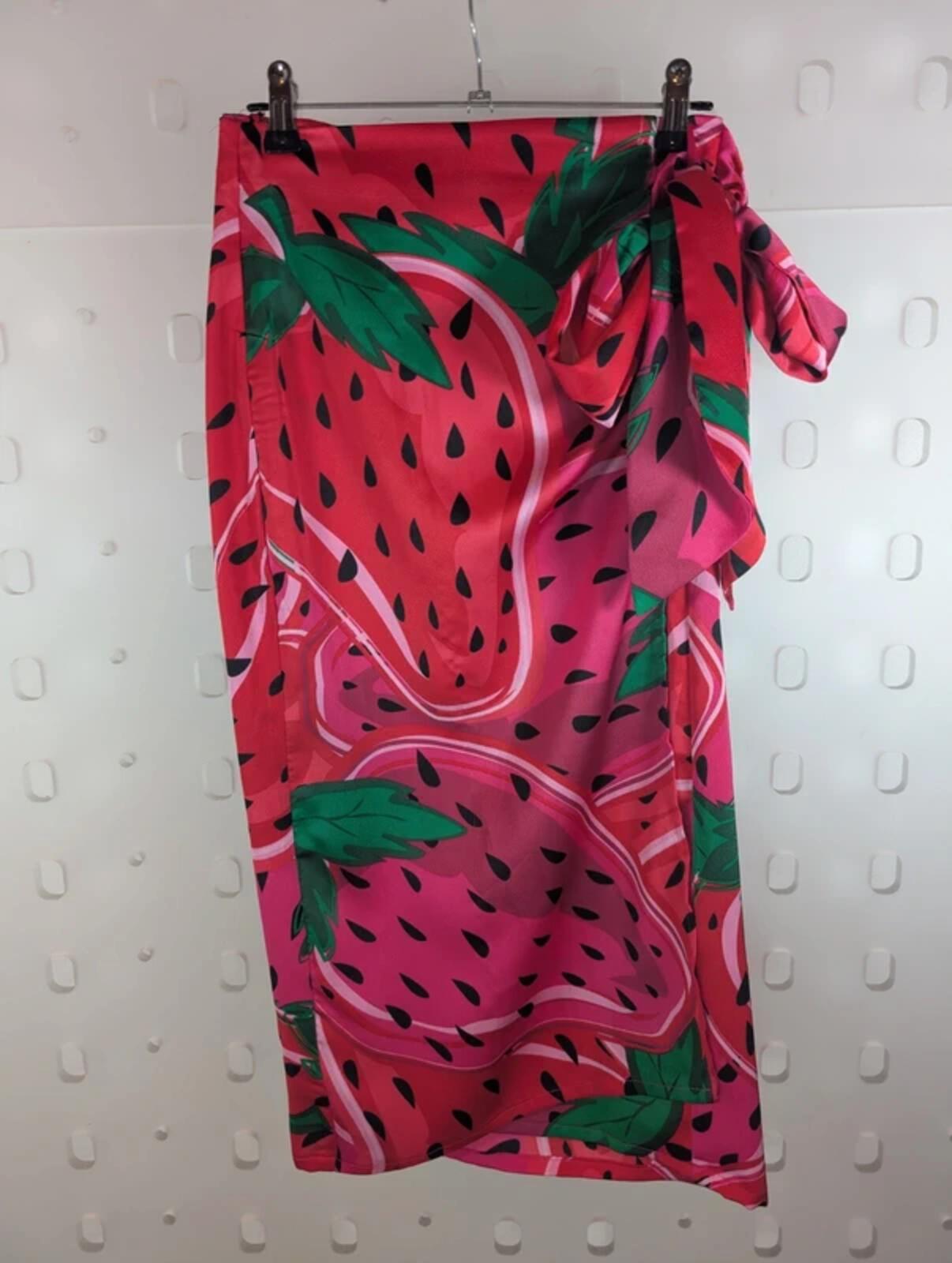 Never Fully Dressed Strawberry Print Satin Wrap Skirt Small