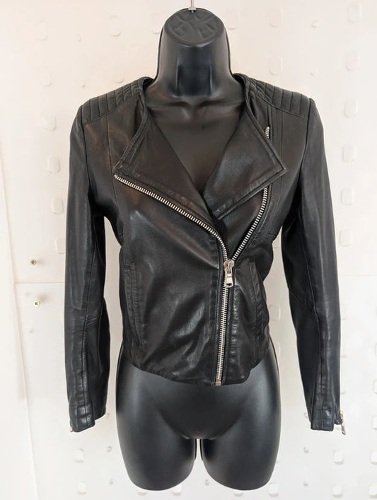 Mos Mosh Black Lamb Leather Cropped Biker Jacket XS