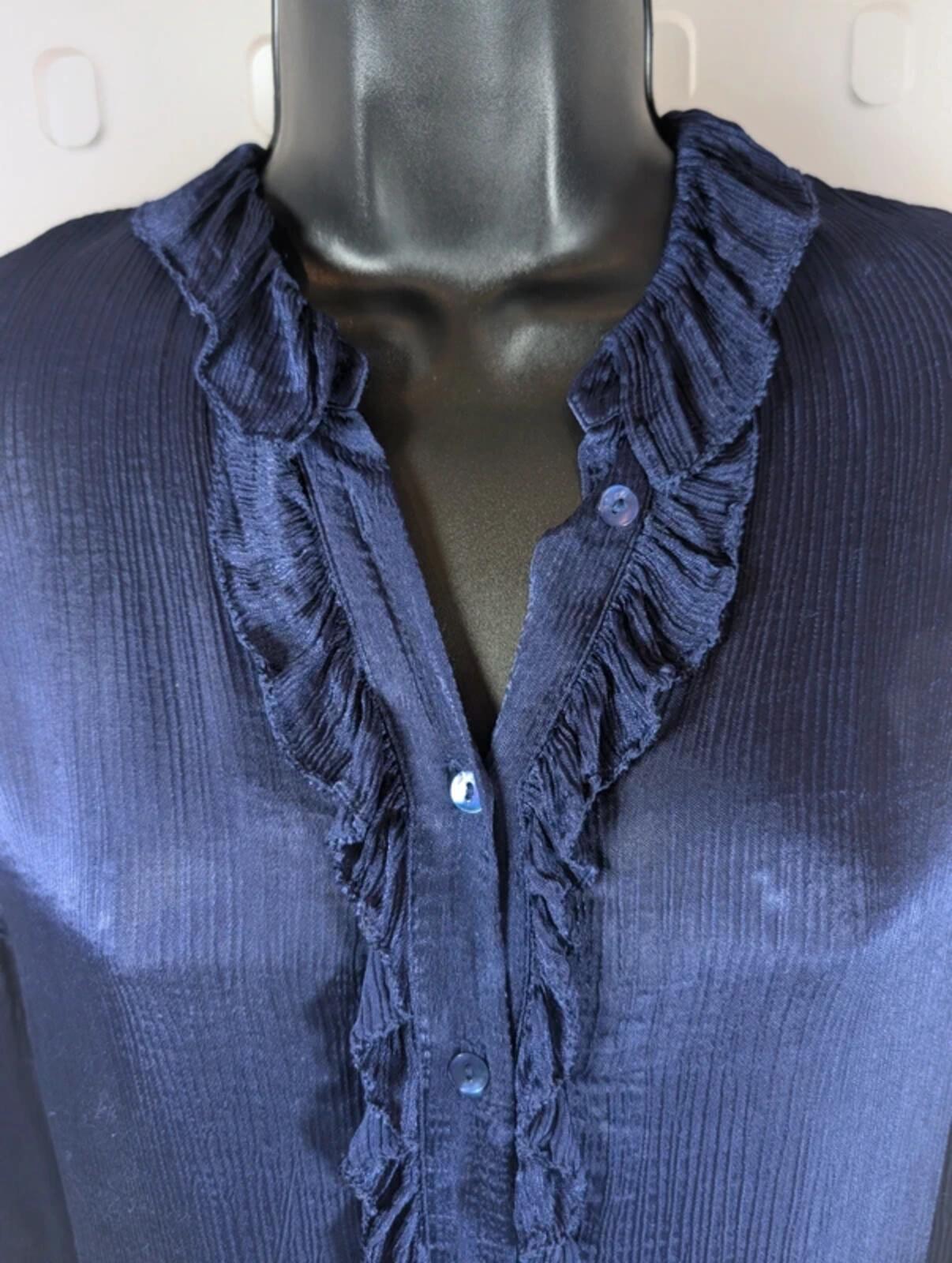 Massimo Dutti Ink Blue Ruffle Front Blouse EU42 UK14