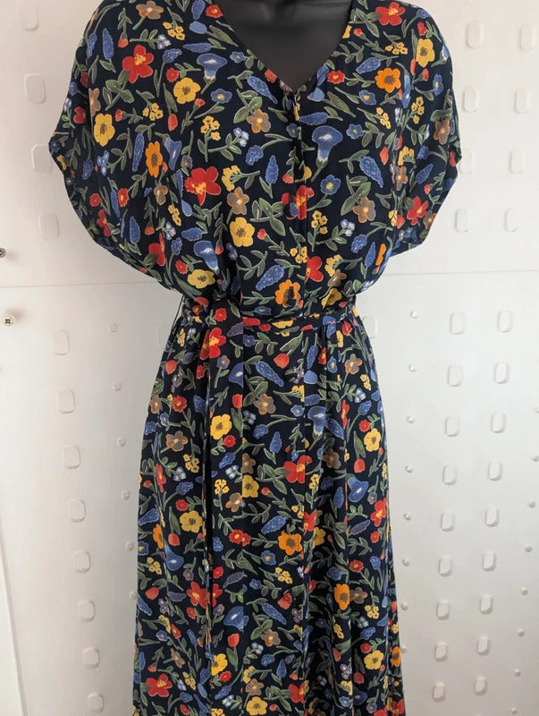 Vintage 90s Paul Mausner Navy Floral Button Through Dress UK12