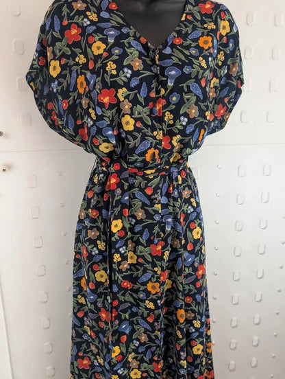 Vintage 90s Paul Mausner Navy Floral Button Through Dress UK12