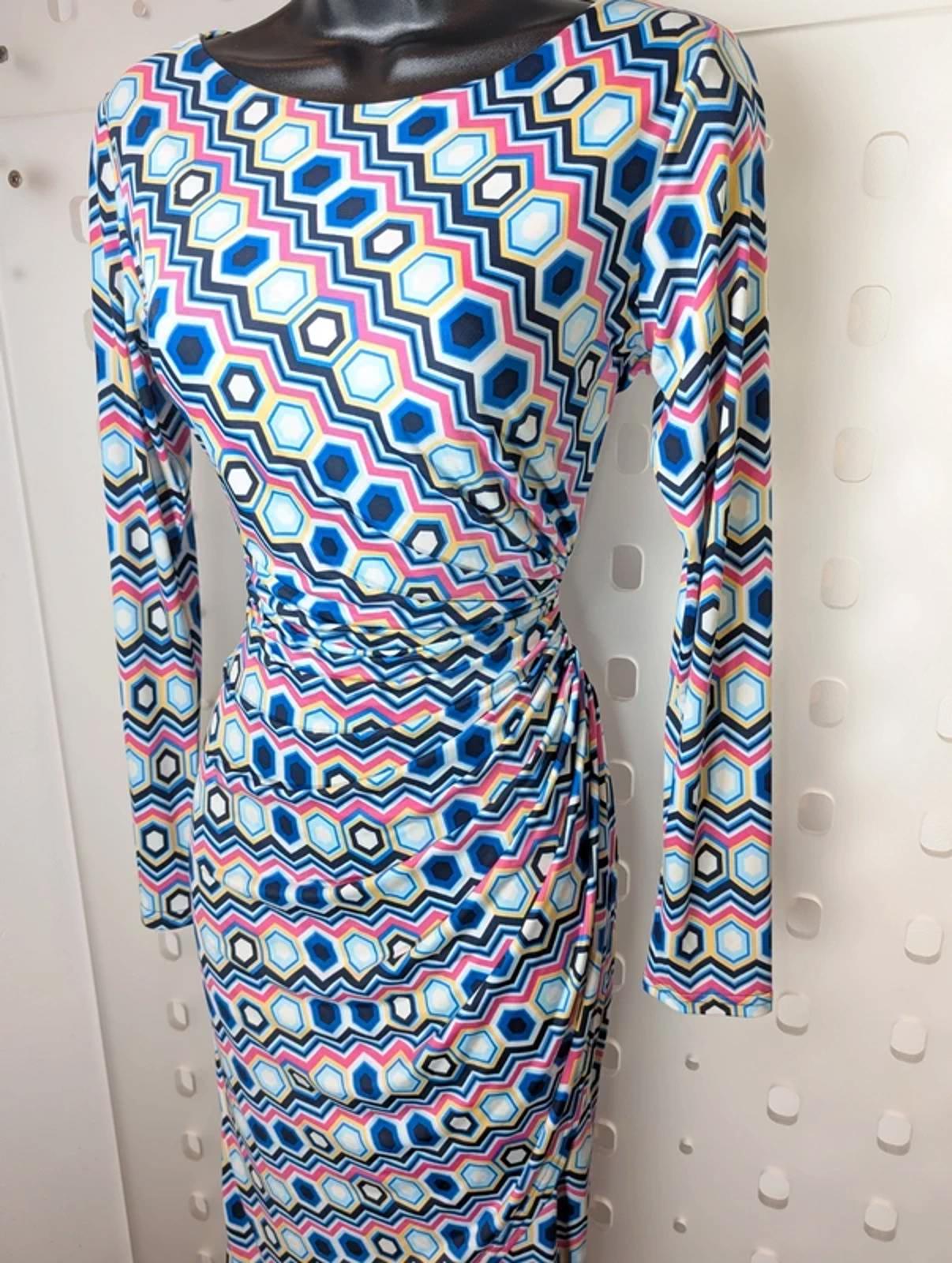 Onjenu Geometric Print Wrap Dress UK 8 Stretch Jersey Knee Length 70s Style
