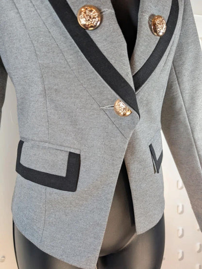 Fitted Military Style Jacket Grey Structured Blazer Statement Buttons Size S