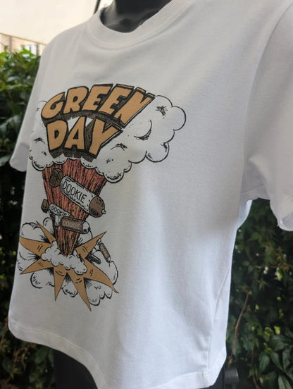 Green Day Dookie Band T-Shirt White Cropped Large
