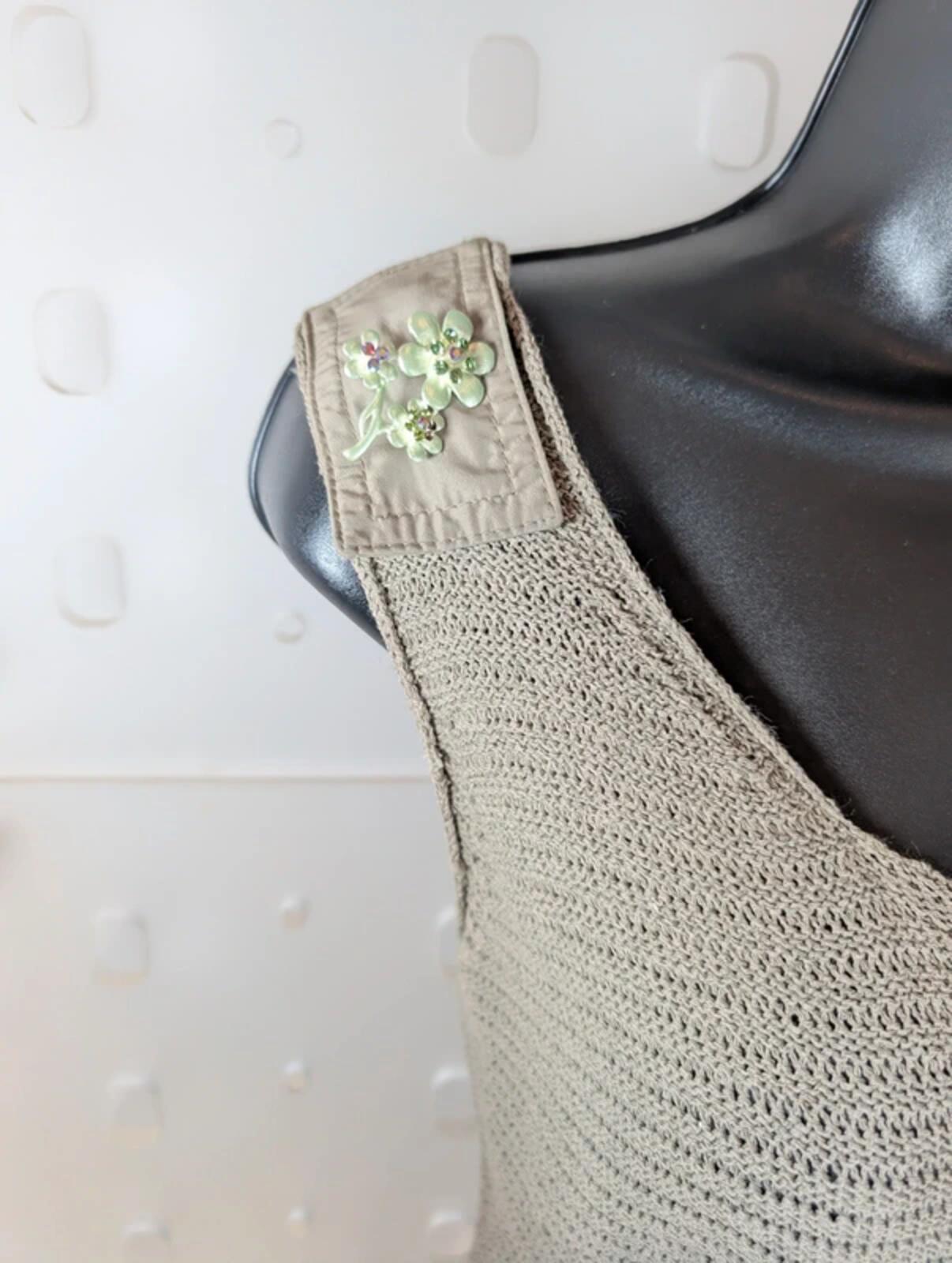 Lucia Khaki Crochet Knit Top Boho Scoop Neck Vest Brooch Detail Lightweight