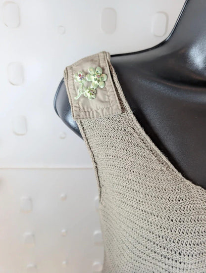 Lucia Khaki Crochet Knit Top Boho Scoop Neck Vest Brooch Detail Lightweight