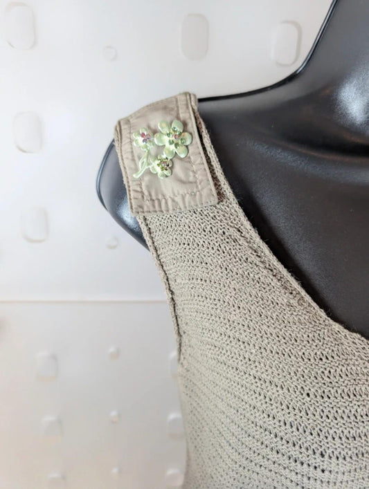 Lucia Khaki Crochet Knit Top Boho Scoop Neck Vest Brooch Detail Lightweight