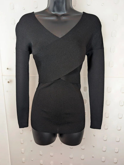 Massimo Dutti Black Crossover Wrap Knit Top Small Balletcore