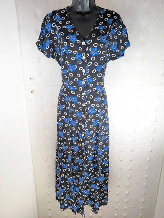 Vintage Citylife Floral Tea Dress Black Blue UK10