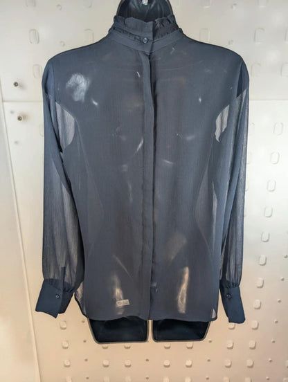 Second Female Truffle Blouse Navy Sheer Back Frill Neck Button Back Scandi XS