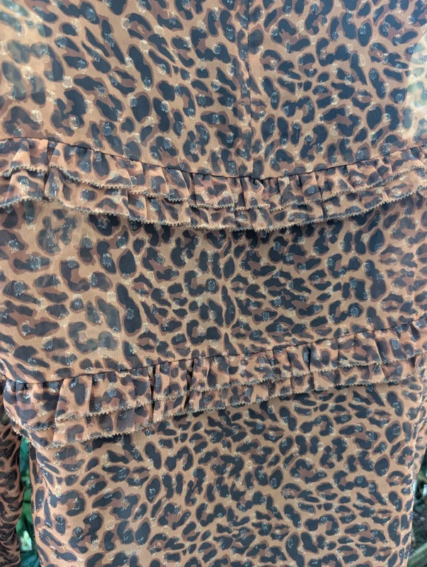 Six Ames Malina Leopard Print Ruffle Blouse Size 38