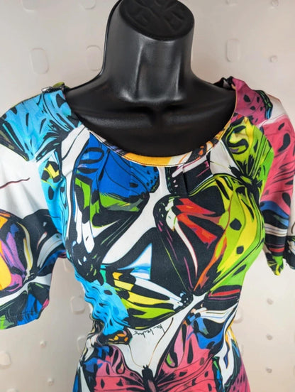 Iceberg Ice Vintage Bodycon Midi Dress Italy Butterfly Print Zip Shoulder UK10 M