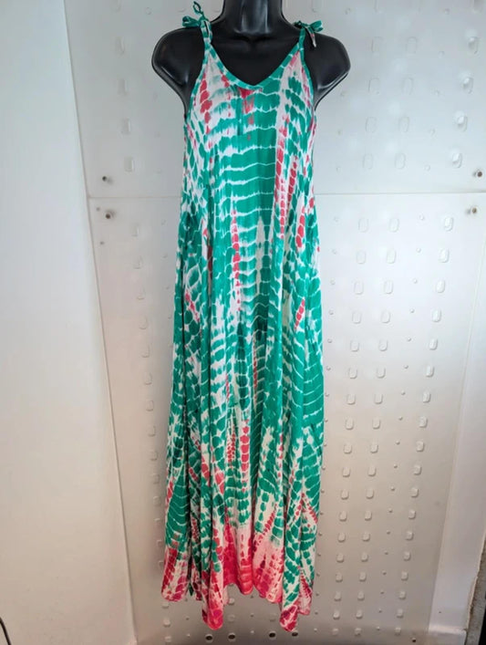 Tie Dye Maxi Dress Green Pink Boho Strappy UK 8