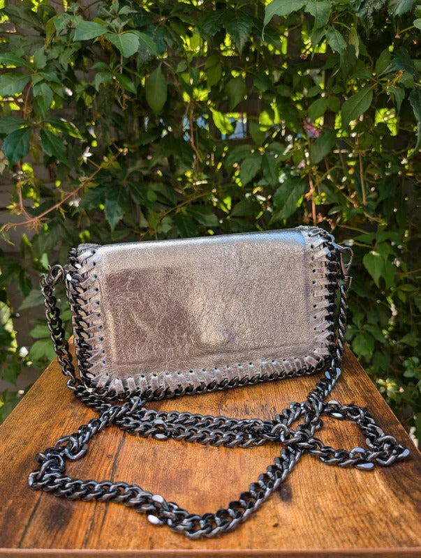 Borse in Pelle Genuine Leather Crossbody Clutch Bag Silver Made in Italy