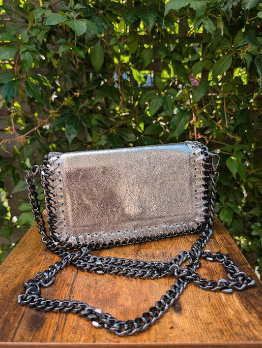 Borse in Pelle Genuine Leather Crossbody Clutch Bag Silver Made in Italy