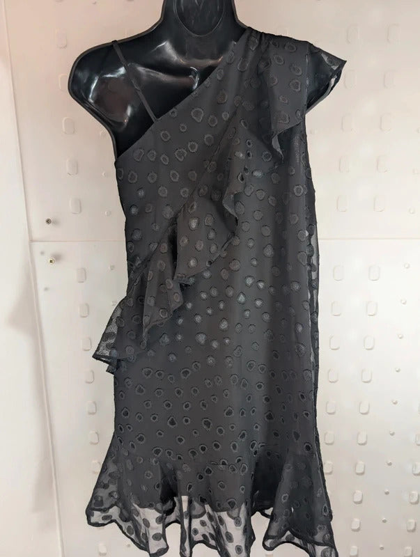 Religion Black One Shoulder Ruffle Mini Dress XS UK8