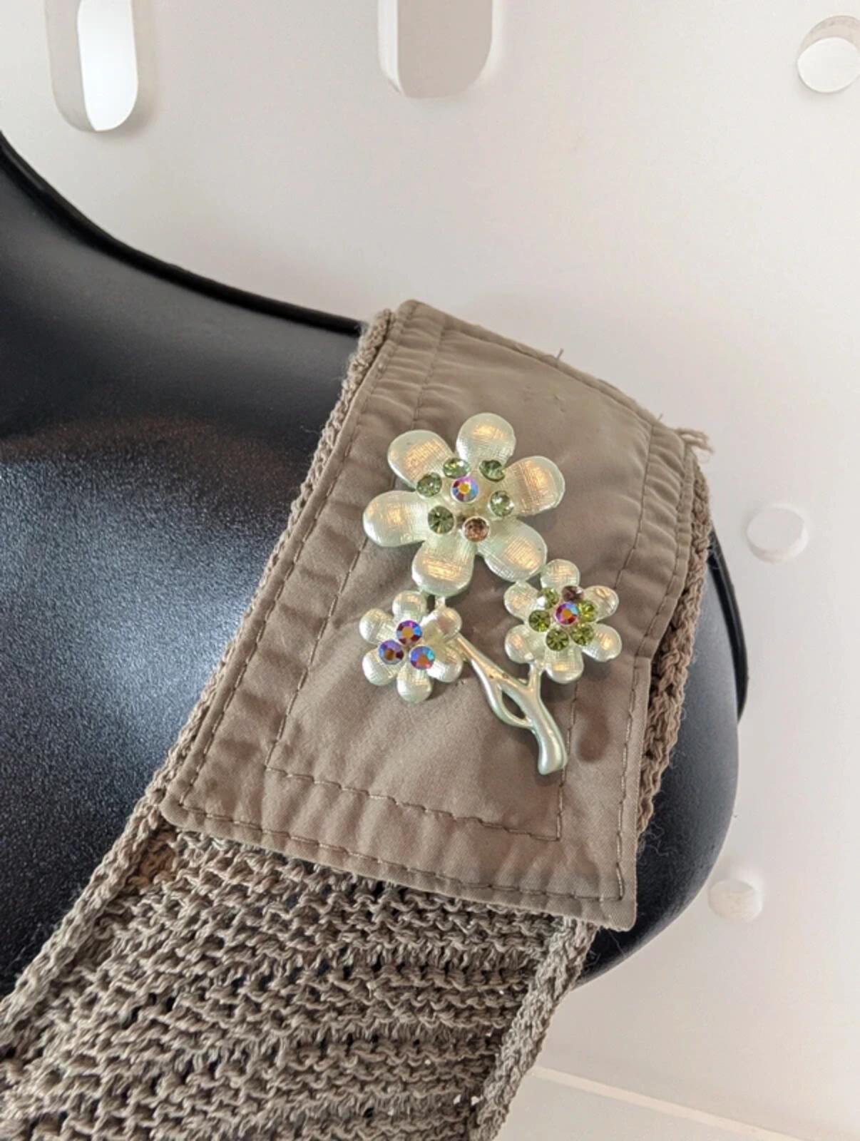 Lucia Khaki Crochet Knit Top Boho Scoop Neck Vest Brooch Detail Lightweight