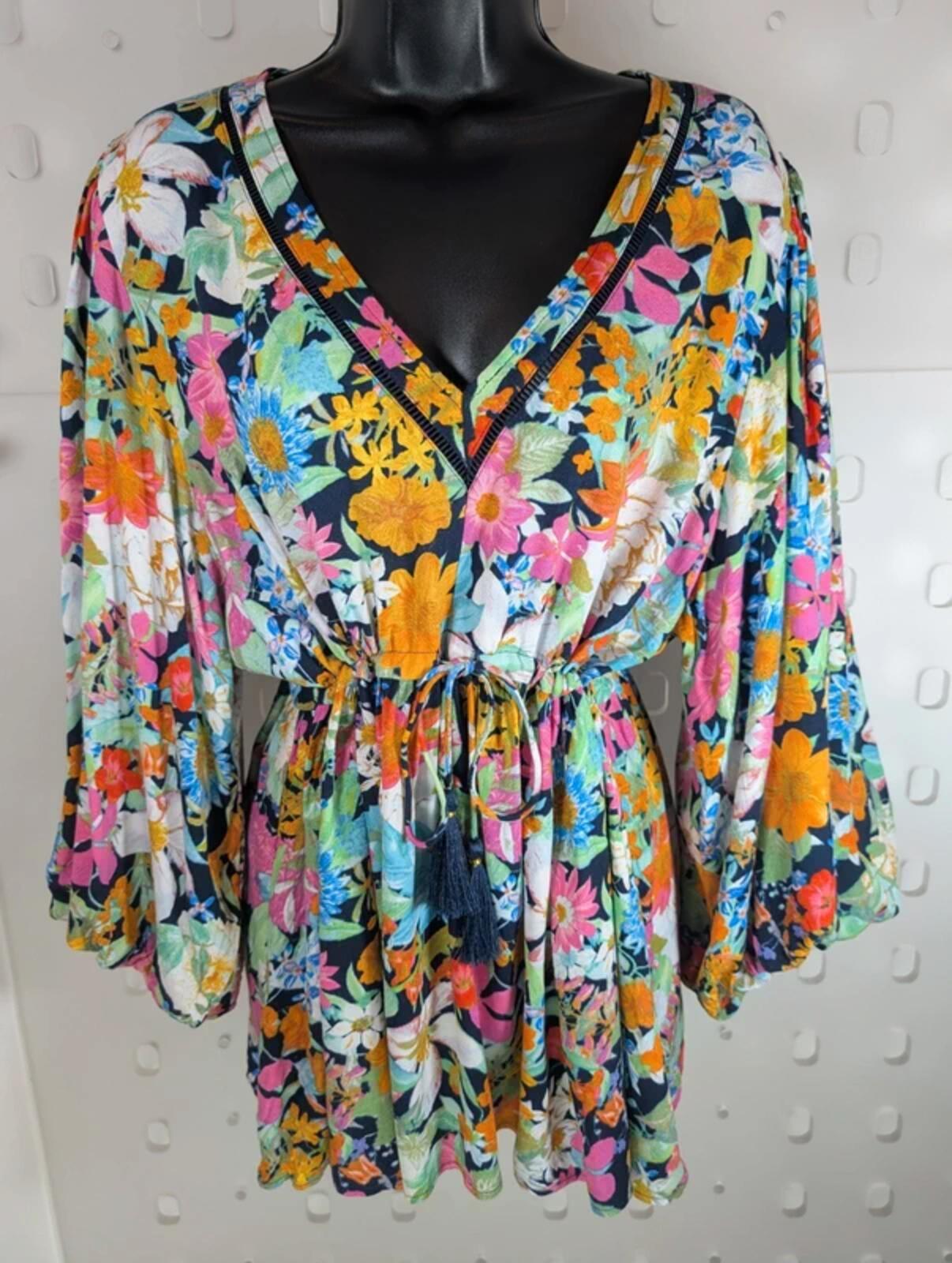 Eb & Ive Tropical Floral Kaftan Top Black Multi Large