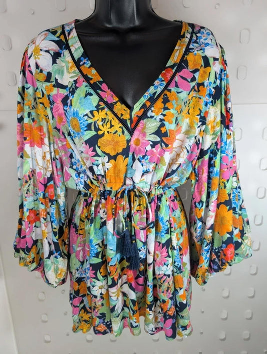 Eb & Ive Tropical Floral Kaftan Top Black Multi Large