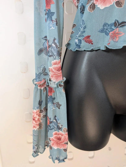Y2K Blue Floral Mesh Top Size L Sheer Stretch