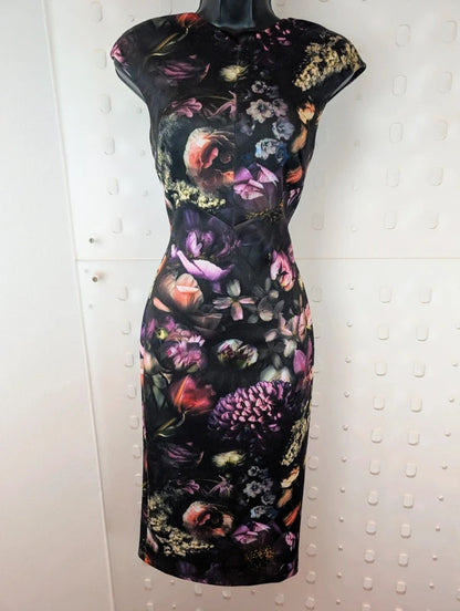 Ted Baker Dark Floral Scuba Bodycon Midi Dress Size 1 UK8
