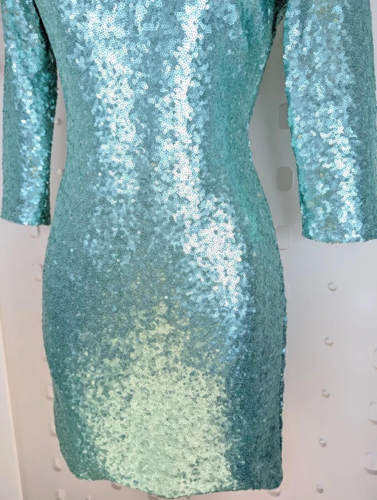 BlinQ Turquoise Sequin Dress UK10 Mermaid Shimmer 3/4 Sleeve Occasion Party