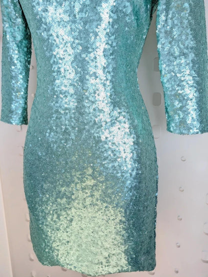 BlinQ Turquoise Sequin Dress UK10 Mermaid Shimmer 3/4 Sleeve Occasion Party