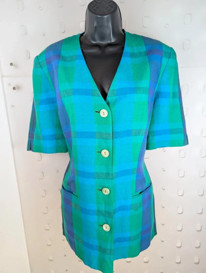 Vintage Betty Barclay checked linen jacket UK10 oversized lagenlook blue green