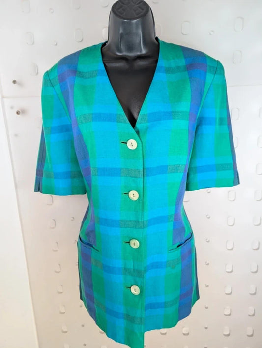 Vintage Betty Barclay checked linen jacket UK10 oversized lagenlook blue green