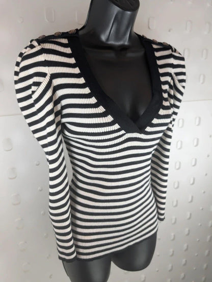 Morgan De Toi Striped Knit Top Skull Buttons Medium