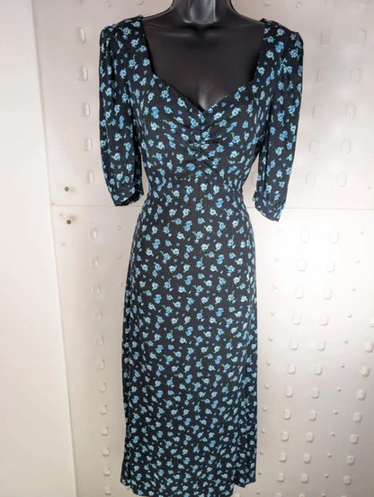 Nobody's Child Floral Maxi Dress Black Blue Ditsy Print UK12