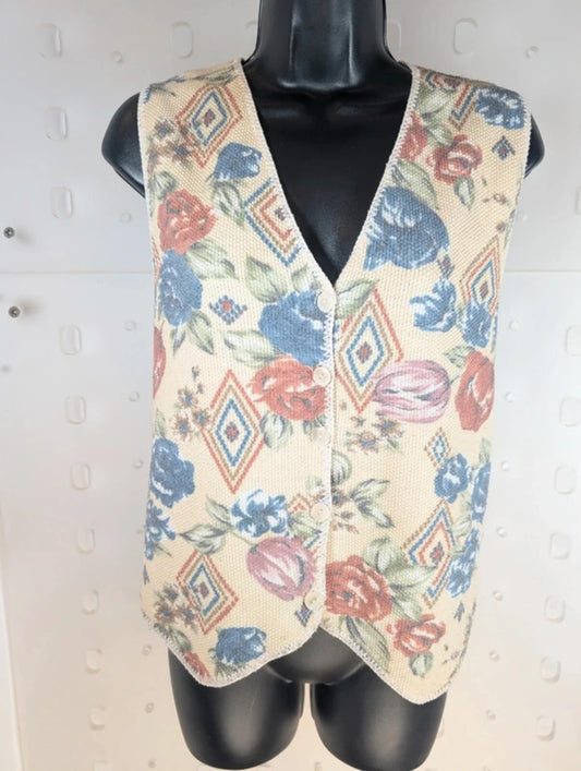 Vintage Knit Stitches USA Tulip Print Waistcoat Large Cotton Cottagecore