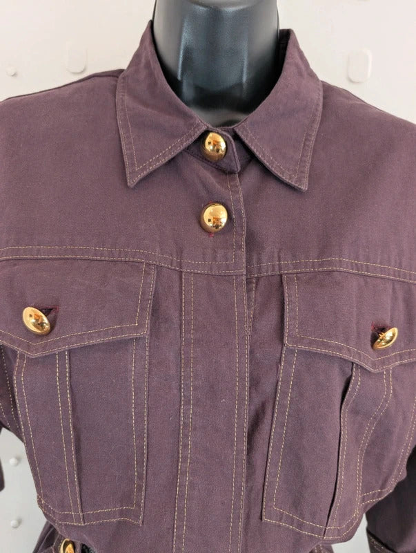 Vintage 80s Jobis Aubergine Cotton Shirt Dress UK16 EU44
