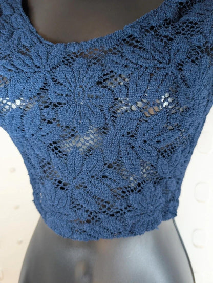 Navy Sheer Lace Crop Top – Micro Tee Festival Layering – XS/S