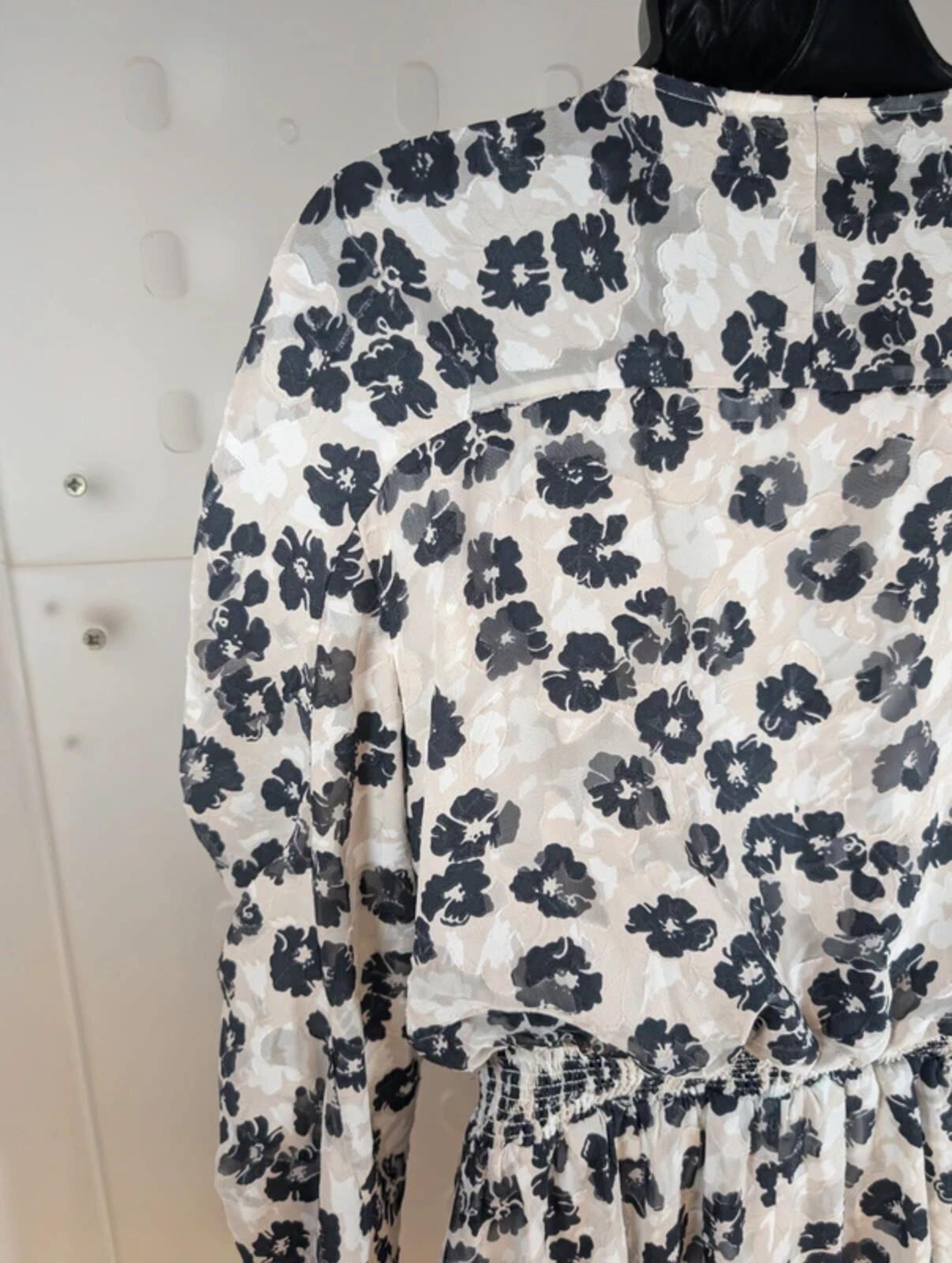 Ted Baker Black Floral Midi Dress Size 3 Shirred Waist Long Sleeve