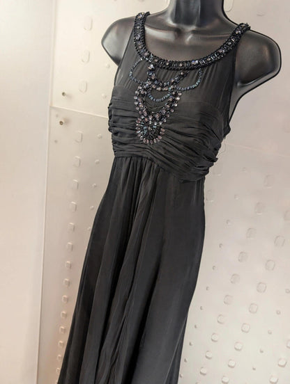 Monsoon Black Silk Beaded Maxi Evening Dress UK 16