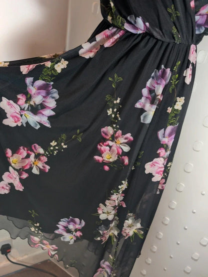Scarlett & Jo London dark floral mesh midi dress UK12.