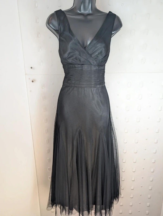 Monsoon Black Mesh Midi Dress Gothic Godet Panels Fit & Flare Approx UK 12