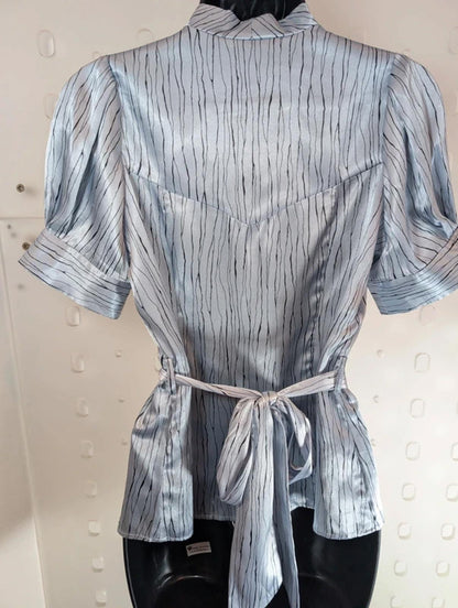 BCBG Max Azria Tie Waist Blouse Soft V Neck Button Front UK6