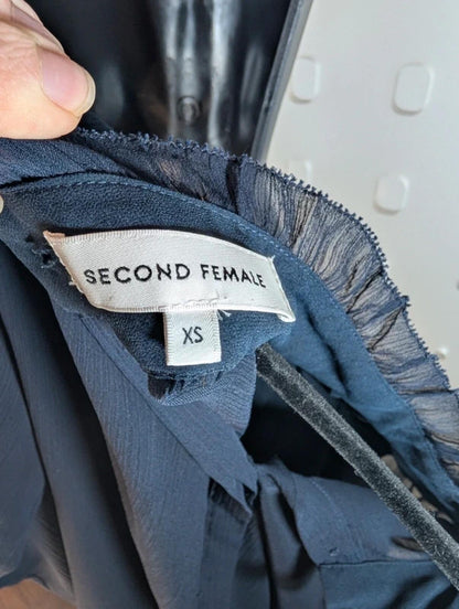 Second Female Truffle Blouse Navy Sheer Back Frill Neck Button Back Scandi XS