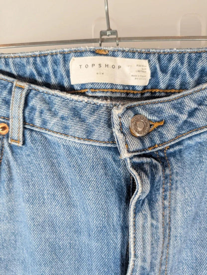Topshop Mom Jeans W32 Light Wash High Waist Distressed Denim Cropped