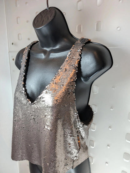 Mango Casual dull silver sequin top in EU Small