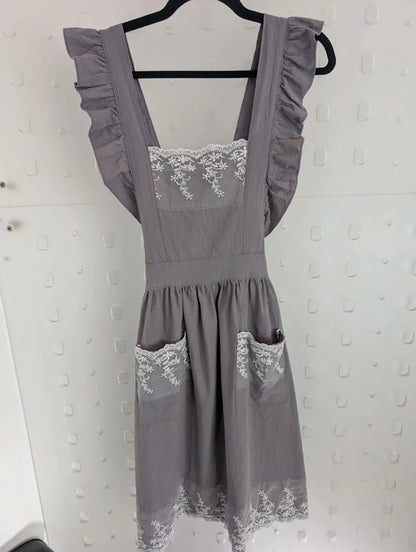 Grey Lace Trim Cross Back Kitchen Pinafore Apron Size 8