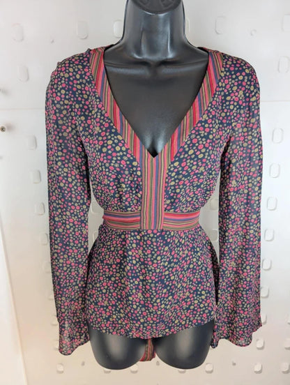 Laura Ashley Tie Blouse UK10 Pink Khaki Print