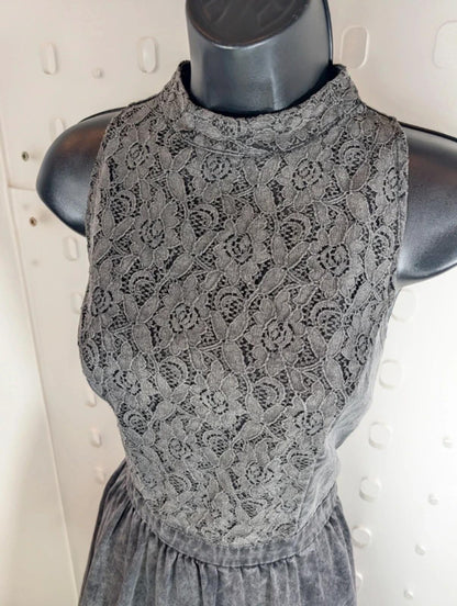 Neon Rose Charcoal Grey Denim Fit & Flare Dress Lace Bodice UK14