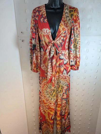 Traffic People Printed Jumpsuit Oriental Style Wide Leg Size S