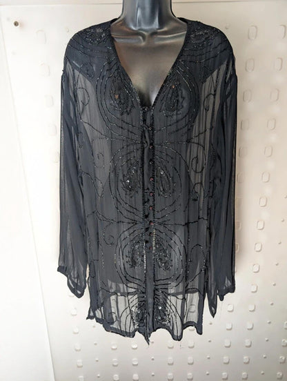 Vintage Sheer Beaded Sequin Blouse Free Size Viscose Evening Layer