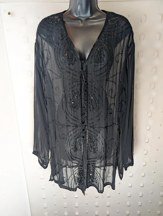 Vintage Sheer Beaded Sequin Blouse Free Size Viscose Evening Layer